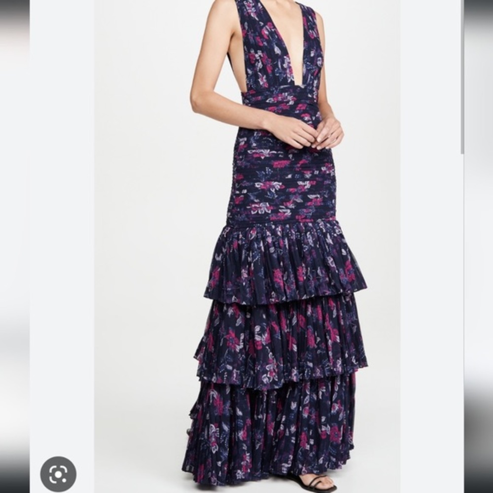 Fame and Partners Dahlia Dress Plunge Ruffled Floral Blue Maxi M52